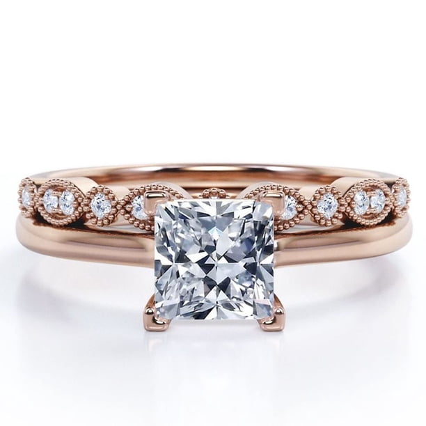 JeenMata Juego de 4 Puntas - Corte Princesa de 1,50 Quilates - Milgrain y Filigrana - Juego de Boda - Baño de Oro Rosa de 18 K sobre Plata (Personaliza la Banda de Tu Anillo de Boda)