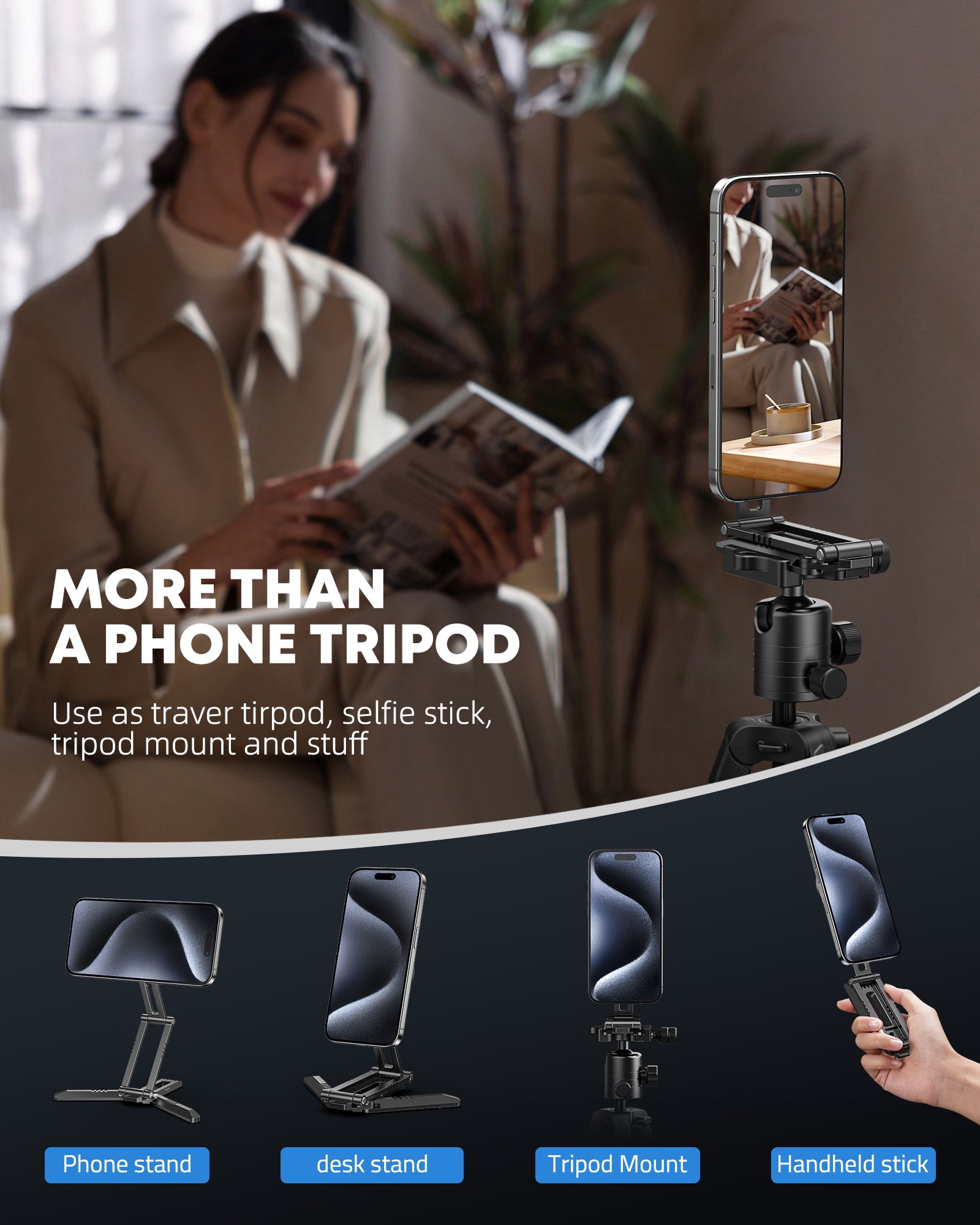 CAMOLO Magnetic Pocket Phone Tripod Foldable Compatible with Magsafe iPhone 16/15/14/13/12 Plus Pro Max Series, MG03 PRO Aluminium Smartphone Mini Tripod Cell Phone Stand Magnet Quick Mount