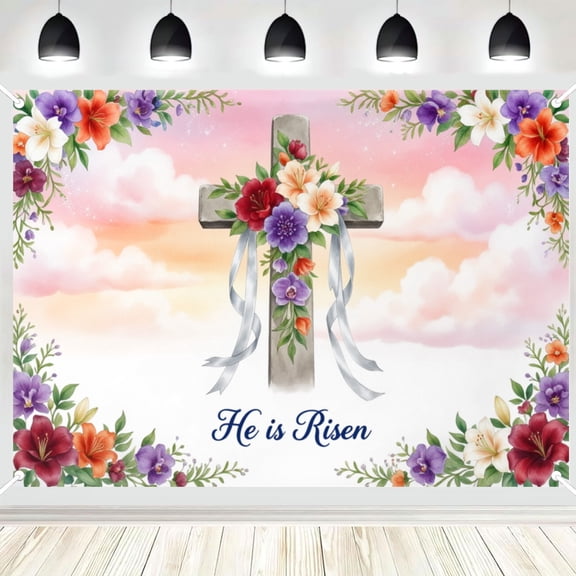 Watercolor Floral Cross Easter Backdrop, Pastel Sky Flower Banner for Spring Holiday Decor & Event Photography Prop 16x24in