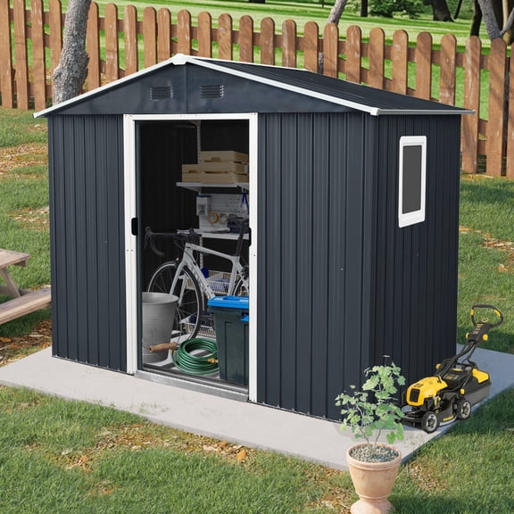 IMagacFun 8x4 Metal Outdoor Storage Shed with Floor Base and Lockable Sliding Doors & Window for Garden Backyard Patio Lawn Black-White