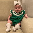 thumbnail image 4 of ZEHJUHAN Baby Girls' Short Sleeve Romper, Clover Embroidered Ruffle Trim Playsuit with Snap Closure Green，3-6M, 4 of 5