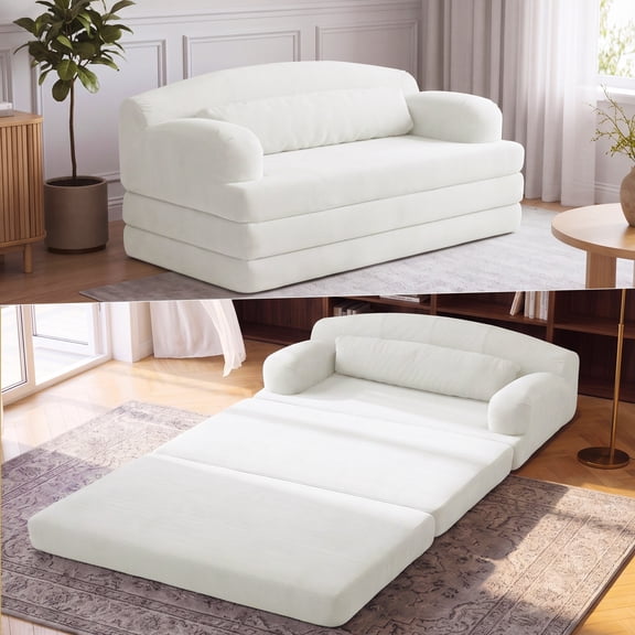 GNIXUU 94" Boneless Convertible Sofa Bed, Corduroy Tri-Fold Futon Couch Bed with Supportive Pillow for Living Room Apartment, White