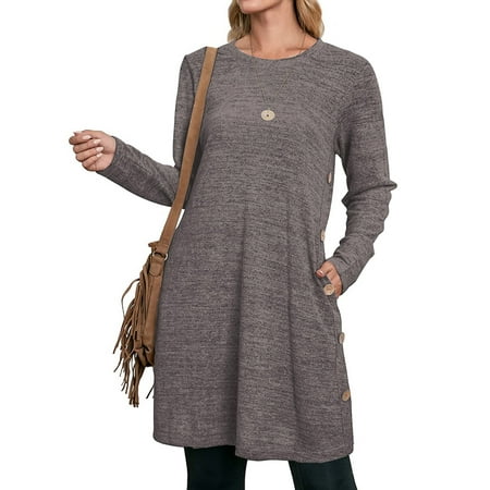 UVN Fall Dresses for Women Long Sleeve Casual Winter Dress with Pockets Buttons Side Tunic Dress