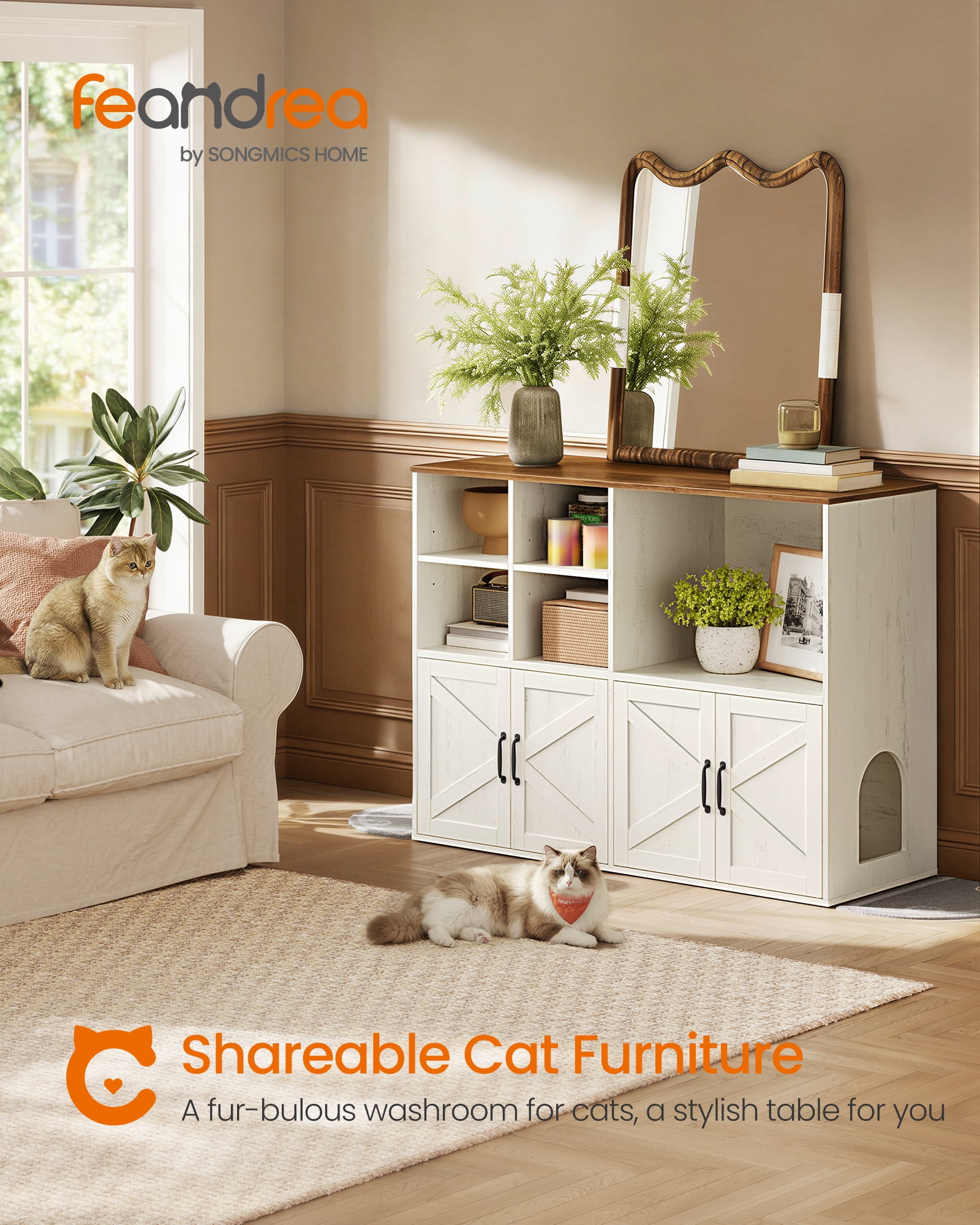 Feandrea Litter Box Enclosure for 2 Cats, Hidden Litter Box Furniture with Storage Cabinet, Double Room, Honey Brown and Rustic White