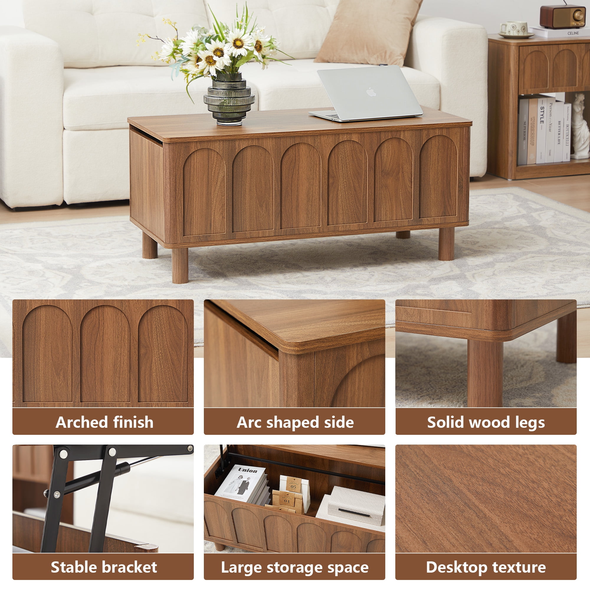 YOCWO Lift Top Coffee Table with Hidden Compartment & Storage Shelve, Arched Fluted Coffee Table for Living Room, Walnut