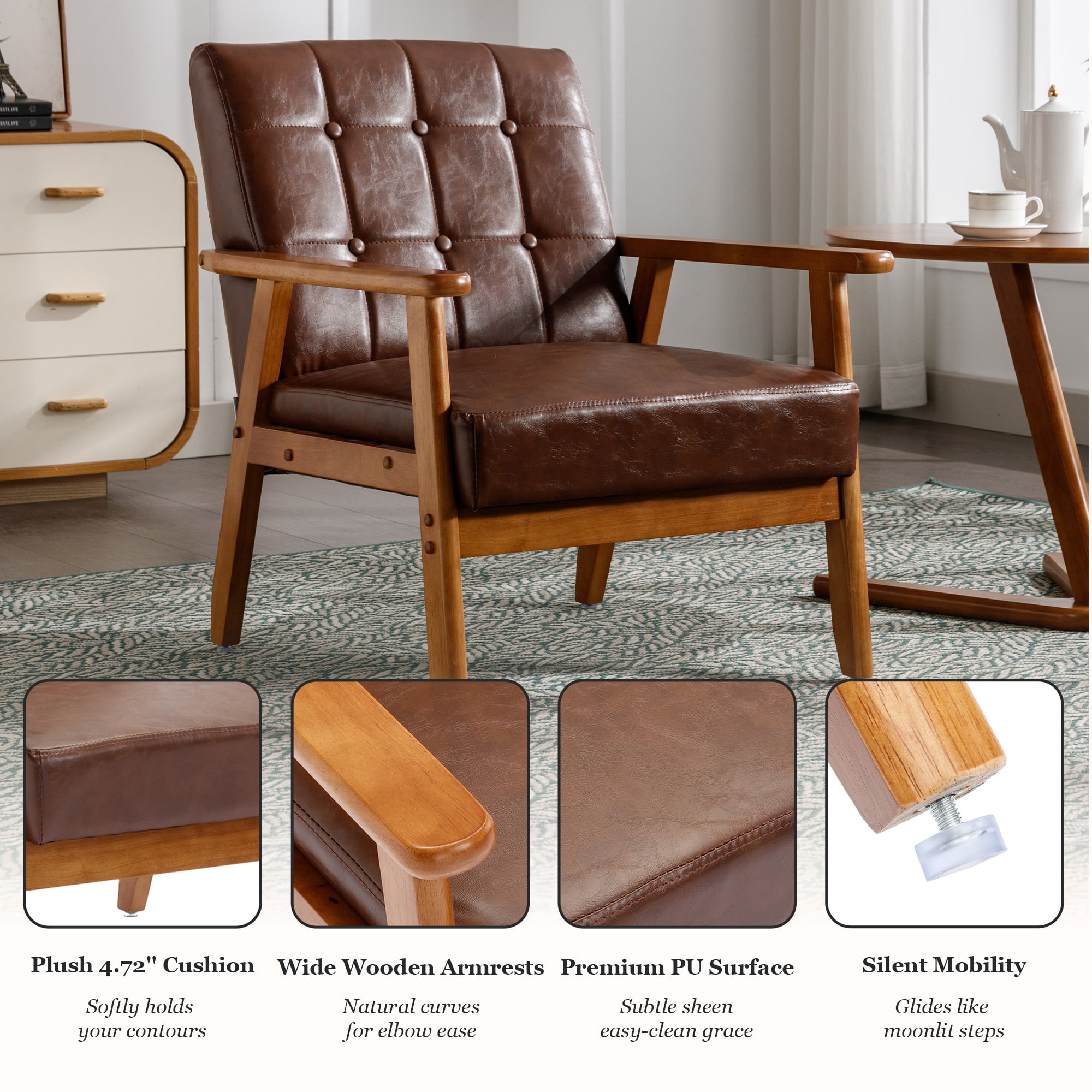 MOONMISS Accent Chair Set of 2,Mid Century Modern PU Leather Armchair with Wood Frame for Living Room Bedroom Study Room Easy Assembly,Brown