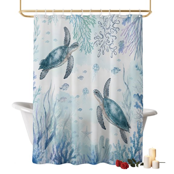 Summer Sea Turtle Bathroom Shower Curtains with Hooks, Coastal Nautical Ocean Blue Fish Coral Seaweed Waterproof Fabric Washable Shower Curtain for Home Hotel Bathtub Decor 60x72 Inch