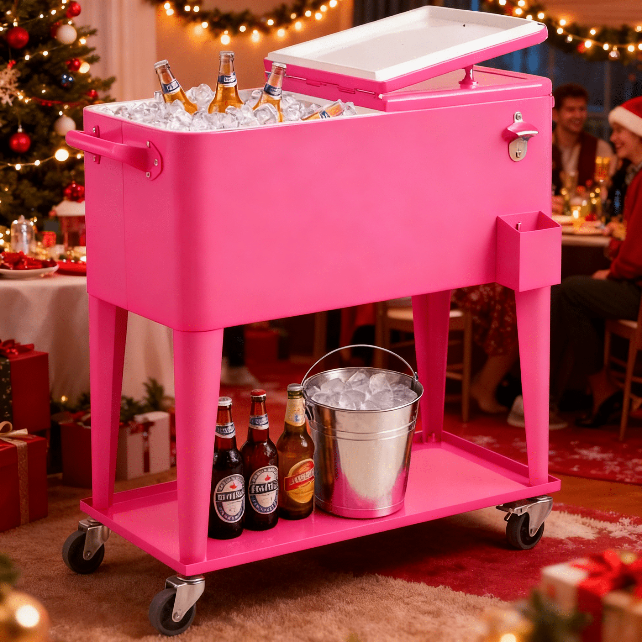Ktaxon 80 Qt Rolling Ice Chest Cooler Cart Outdoor Trolley with Storage Shelf, Bottle Opener & Cap Collector for 48 Hour Cold Drinks,Bright Pink