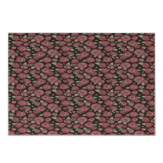 Vintage Rose Cutting Board, Repetitive Flowers and Leaves Nature Tones Pattern, Decorative Tempered Glass Cutting and Serving Board, in 3 Sizes, by Ambesonne