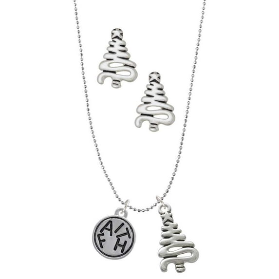 Delight Jewelry Silvertone Faith in Circle Silver tone Zig Zag Christmas Tree Charm Necklace and Stud Earrings