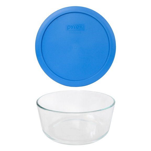 Pyrex 7203 Round 7-Cup Glass Food Storage Bowl and 7402-PC Marine Blue Plastic Lid Cover