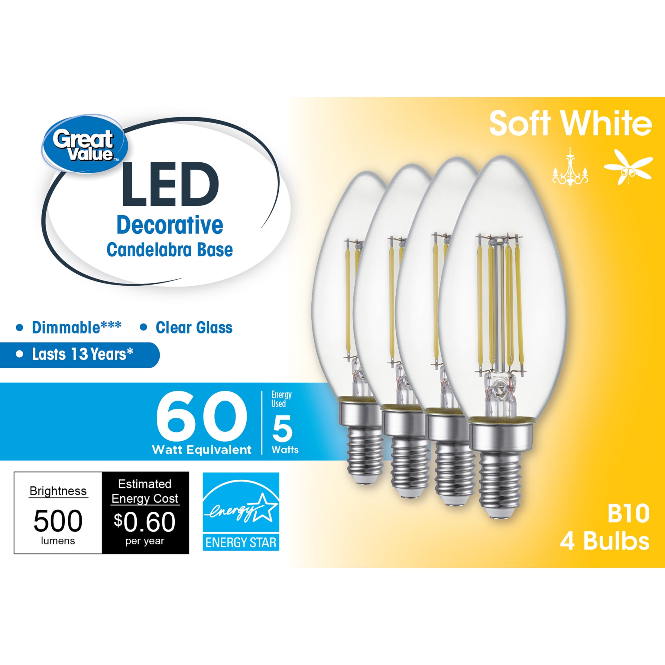 Great Value LED Light Bulb, 5.5 Watts (60W Equivalent) B10 Deco Lamp E12 Candelabra Base, Dimmable, Soft White, 4-Pack