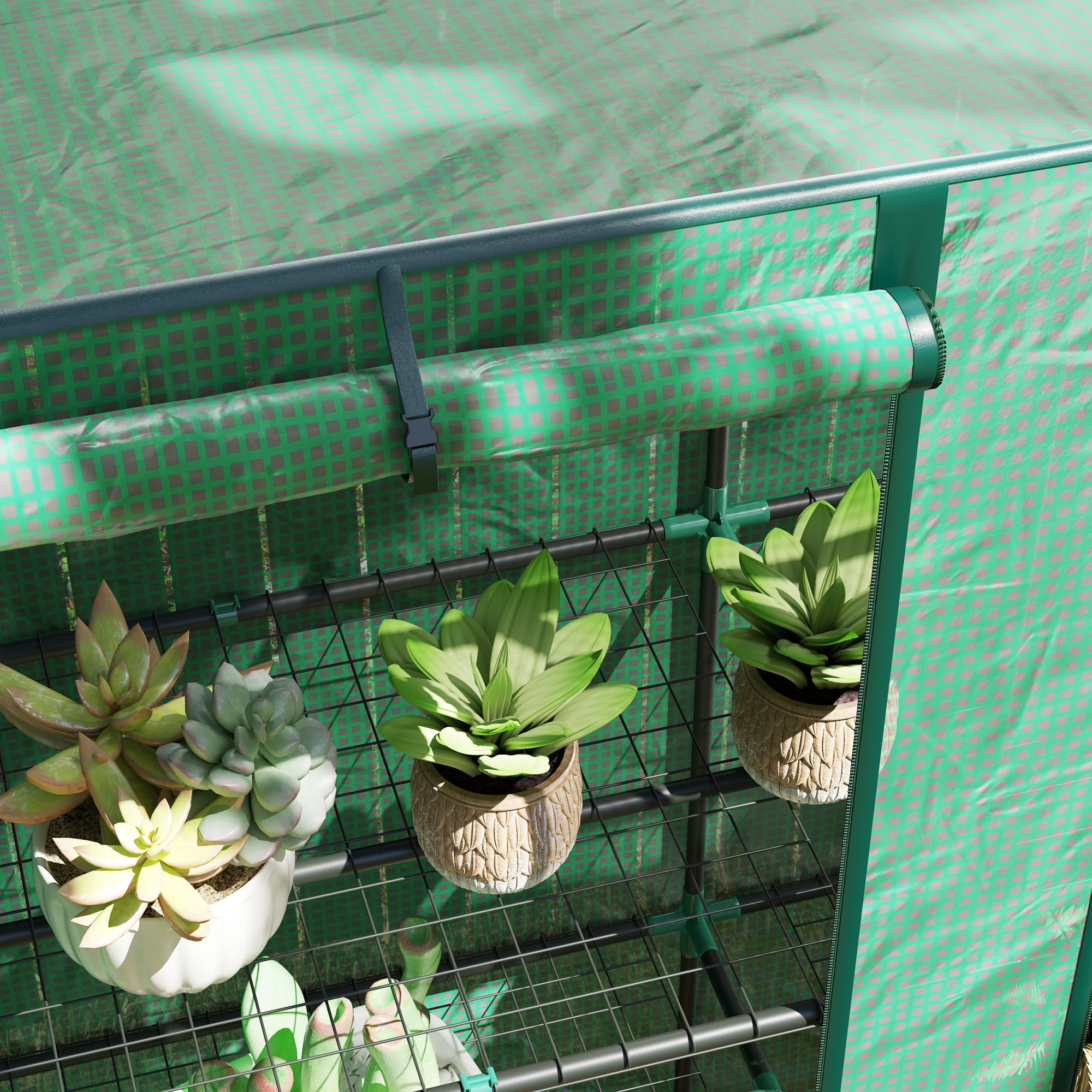 Outsunny 3 Tire Lean-to Greenhouse, Portable Small Greenhouse with PE Cover, 2 Roll-Up Zippered Doors, Green