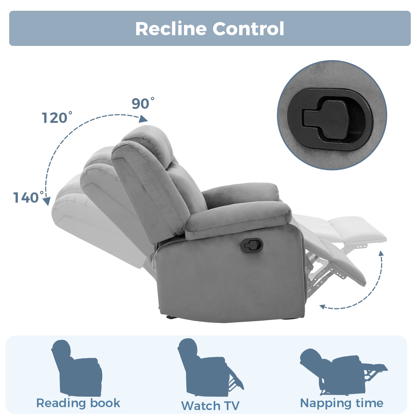 Bonzy Home Extra Wide Manual Recliner Chair in Soft Gray Fabric,Overstuffed Recliner，Gray