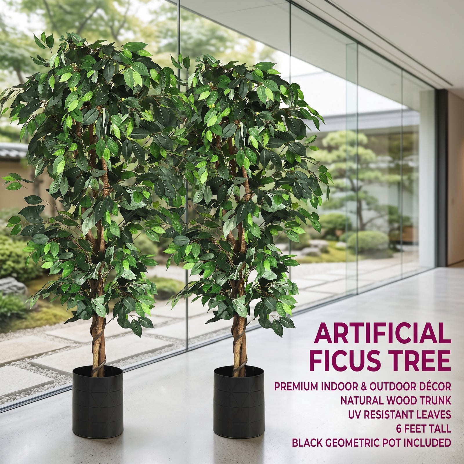 ALPULON 6 Feet Artificial Ficus Silk Tree, 71 Inch Faux Ficus Plant with 1008 Leaves and Cement Base Paper Pot for Home Office Entryway Living Room Decor, Green