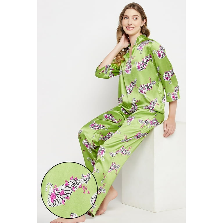 Tiger Print Top Pyjama Set in Lime Green Satin Walmart