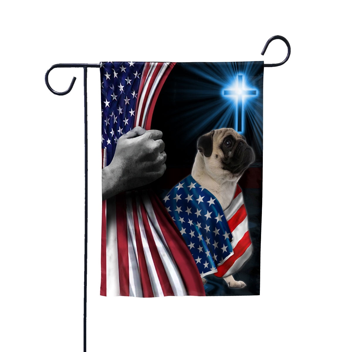 Hand Pulling USA Flag Pug Dog Wearing Flag American Standing under Cross Christian Patriotic House Flag (3x5) Double Sided- Premium Polyester-Decorative Indoor Outdoor Flag