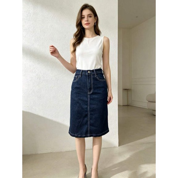 Deep Blue Denim Midi Skirt, High Waist A-Line Straight Skirt, Cotton