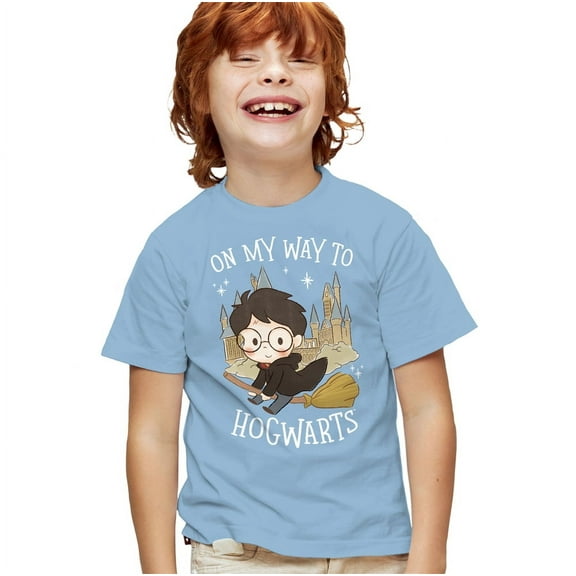 Harry Potter On My Way To Hogwarts Kids T Shirt for Youth Boys and Girls, Light Blue, Large