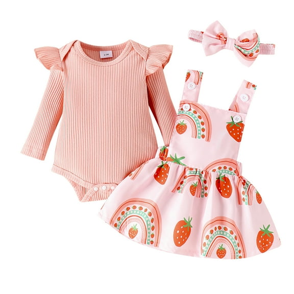 OBEEII Long Sleeve Romper and Dress 3Pcs Set Fall Winter Newborn Baby Girls Birthday Floral Print Cake Smash Outfits Pink Girls Clothes