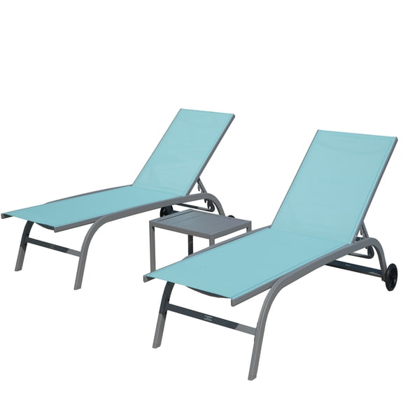 JERFIT 3-Piece Outdoor Chaise Lounge Set with Side Table, Adjustable Pool Patio Sun Lounger Chairs on Wheels, All-Weather Lake Blue Textilene Fabric & Aluminum Frame
