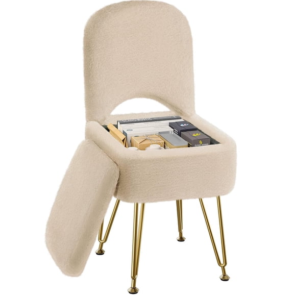 Taburete de tocador GREENSTELL pequeño con espacio de almacenamiento y respaldo plegable