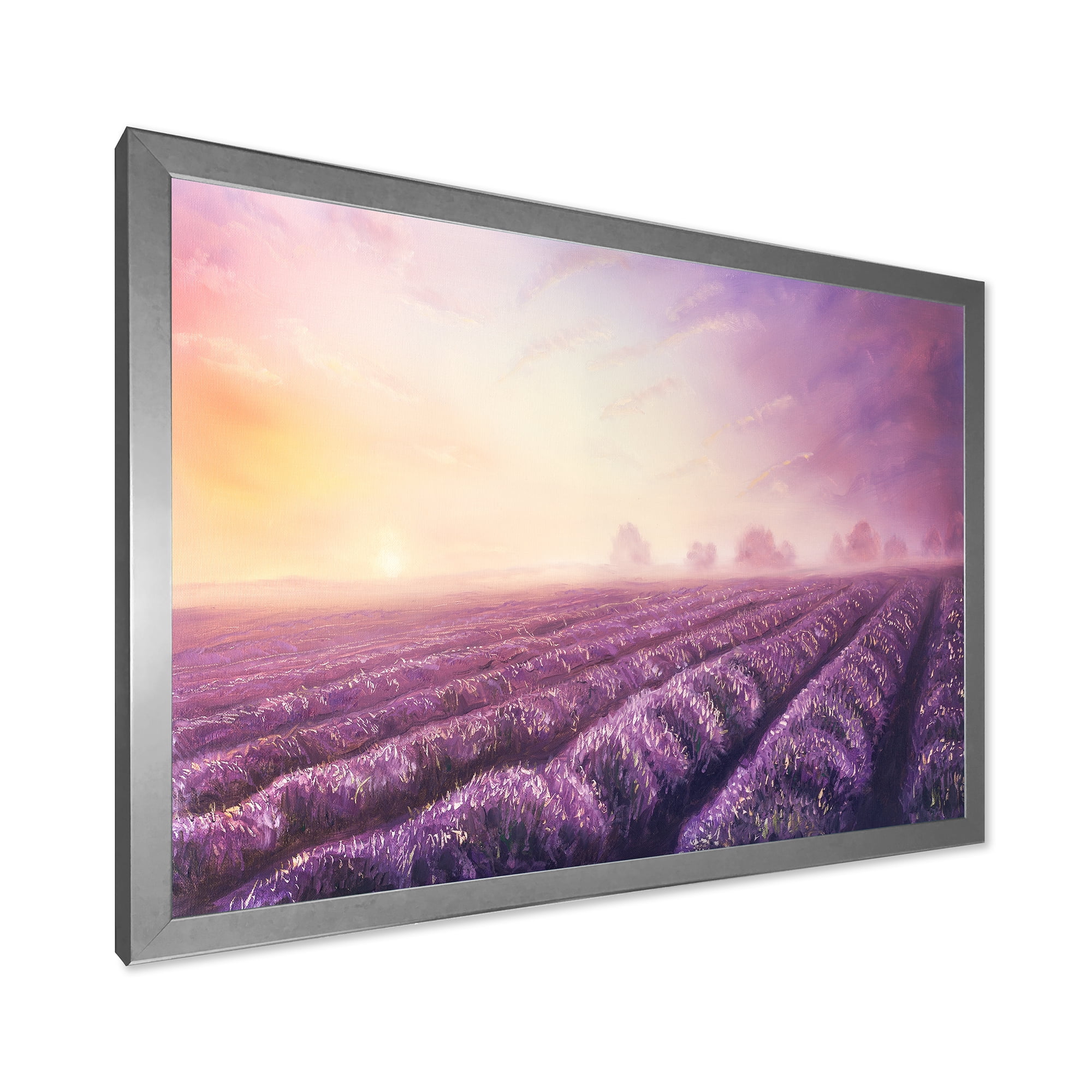 Lavender Fields During Sunrise 40 in x 30 in Framed Painting Canvas Art Print, by Designart