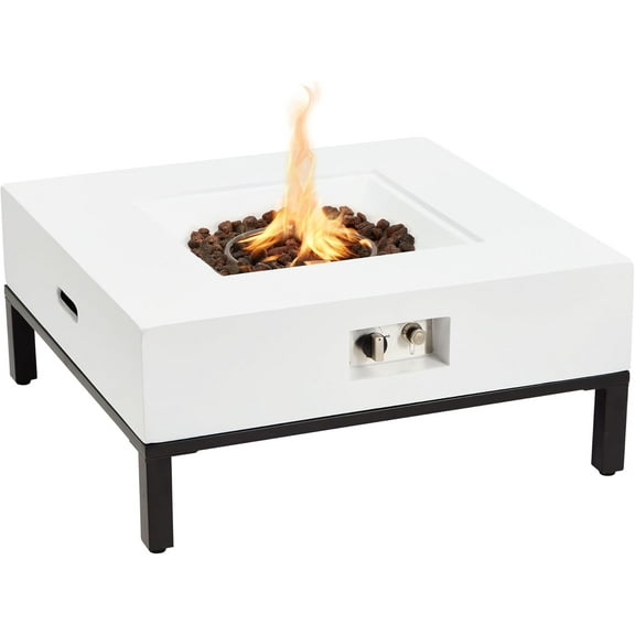 ECOTOUGE 32" Square Propane Fire Pit Table with Stand, 50,000 BTU Outdoor Gas Fireplace for Patio, Low Profile Fire Table with Rain Cover, Lava Rocks, Auto-Ignition, White