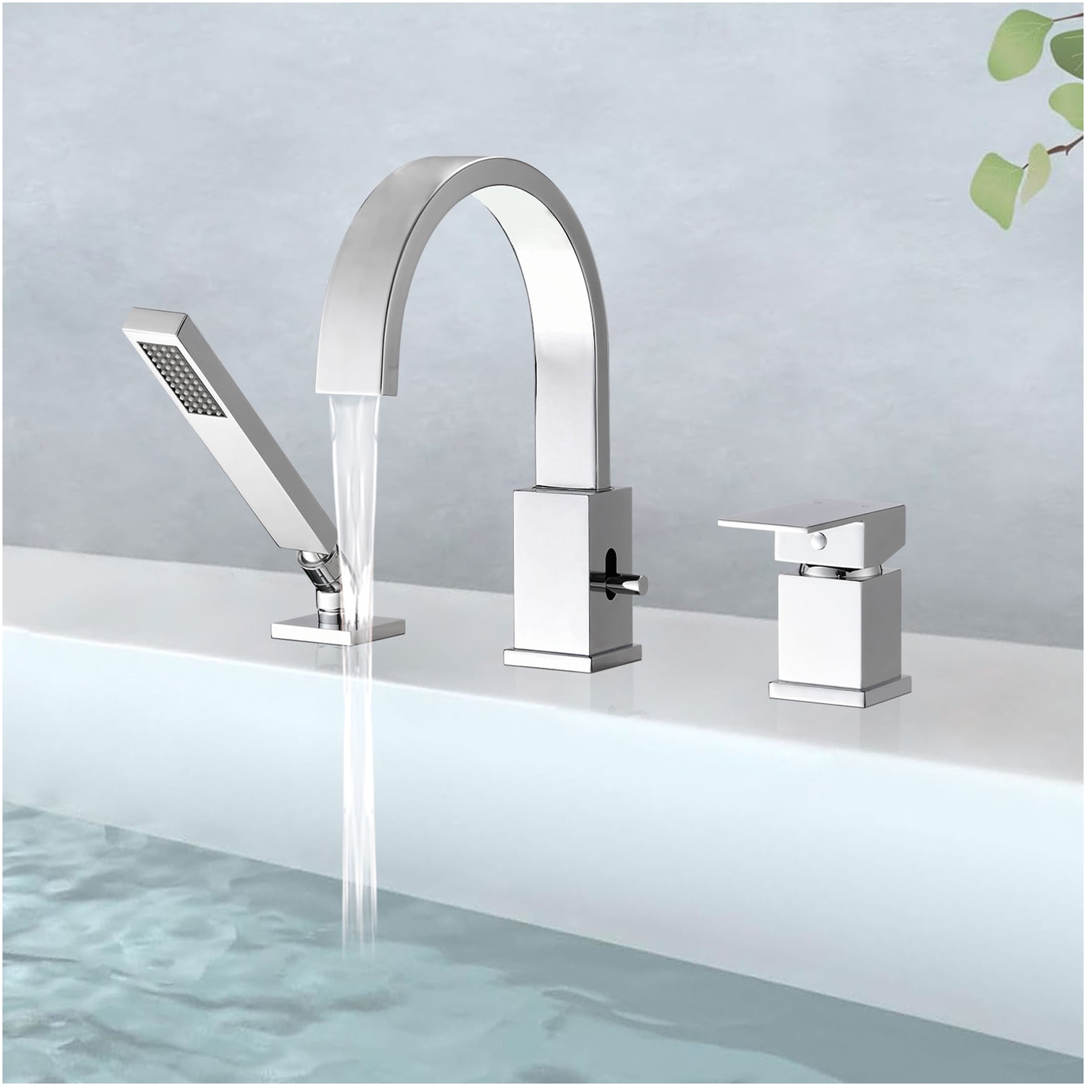 JERFIT Chrome 3-Hole Waterfall Roman Tub Filler Set with Handheld Shower, Deck Mount Stainless Steel Bathtub Faucet
