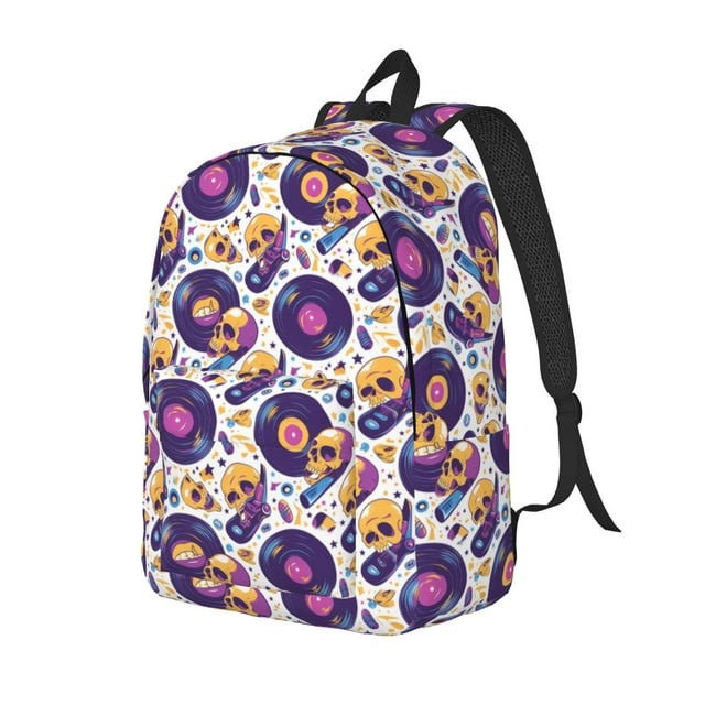 Fotbe record rock Skull star Printed Canvas Daypack - Stylish and Durable Vintage Compact Backpack - Class, Work, Travel, or Laptop Bookbag,Organized Compartments-Medium