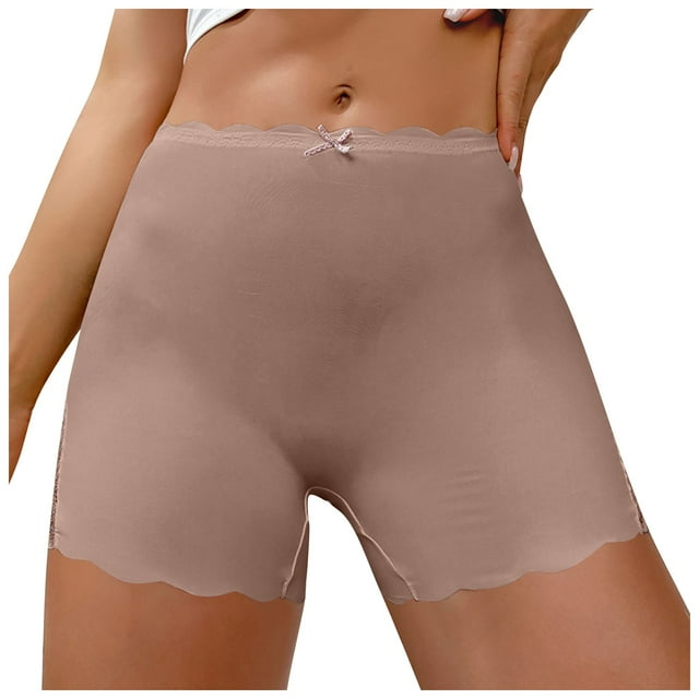 Braguitas tipo short de seda helada para mujer: braguitas sin costuras con bordes de encaje, color liso, cobertura total, ropa interior cómoda, tallas S-L, cintura de 29-33 cm.