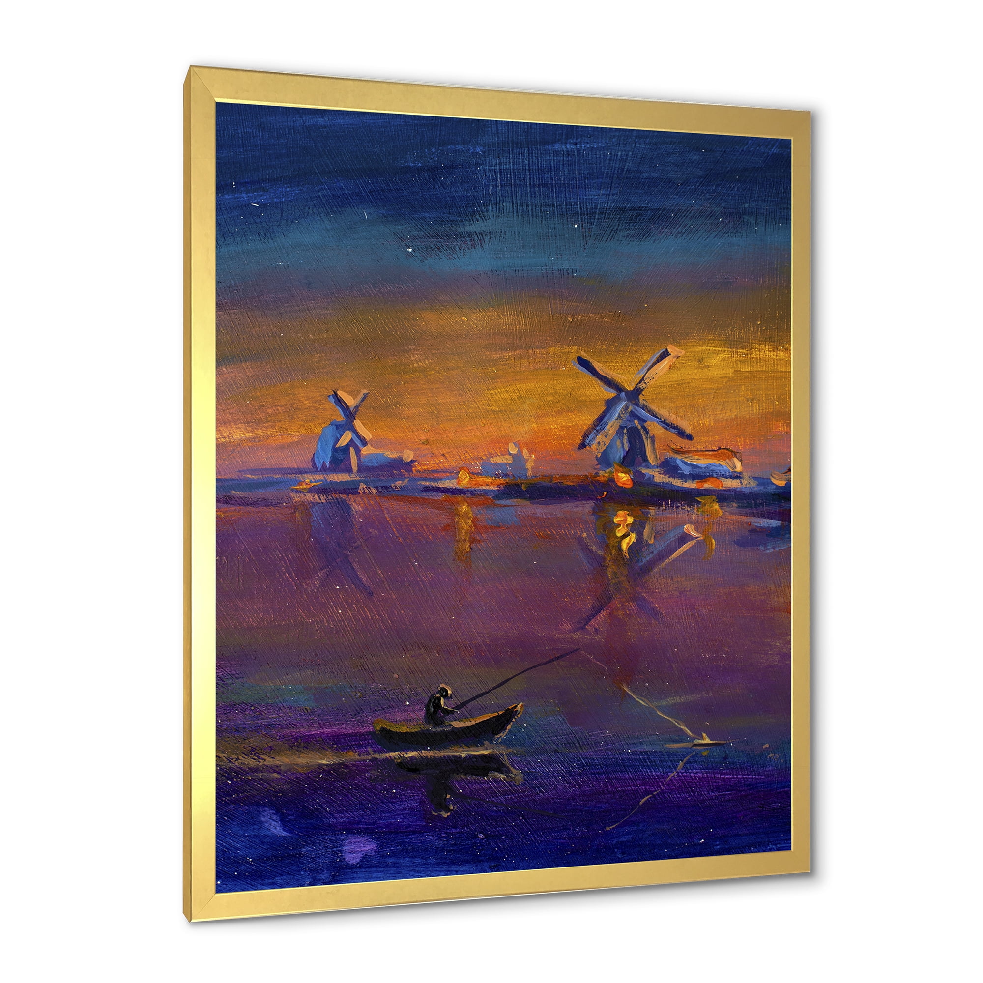 Designart 'Evening Fishing Near The Traditional Windmill' Nautical & Coastal Framed Art Print