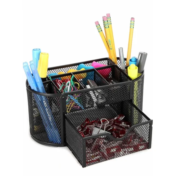 Space Saving Black Metal Wire Mesh 8 Compartment Office Organizer With Drawer