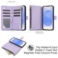 thumbnail image 3 of for Samsung S24 FE Wallet Case with Zipper Pocket, RFID Blocking Card Slots, PU Leather Magnetic Clasp Kickstand Crossbody & Wrist Strap Rugged Protective Cover for Galaxy S24 FE, Purple, 3 of 11
