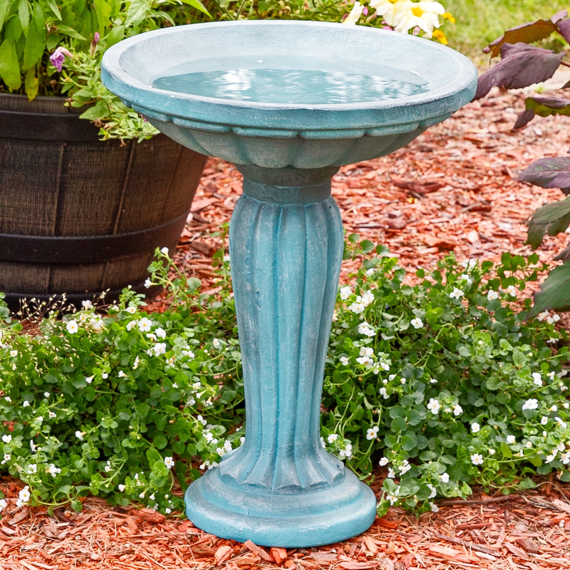 Sunnydaze Grecian Column Freestanding Glass Fiber Reinforced Concrete Outdoor Bird Bath, Green