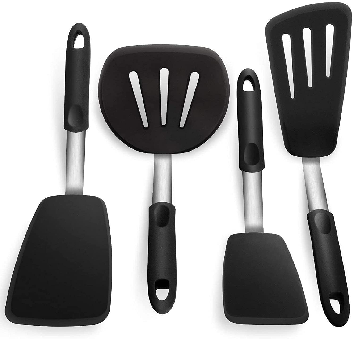 Silicone Turner Spatula with Stainless Steel Handle for Non-Stick Cookware Black 