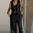 thumbnail image 5 of QATAINLAV 2 Piece Blazer Sets for Women Sleeveless Button V Neck Cropped Vest and Wide Leg Pants Work Office Business Casual Outfits, Black, S, Winter Savings, 5 of 9