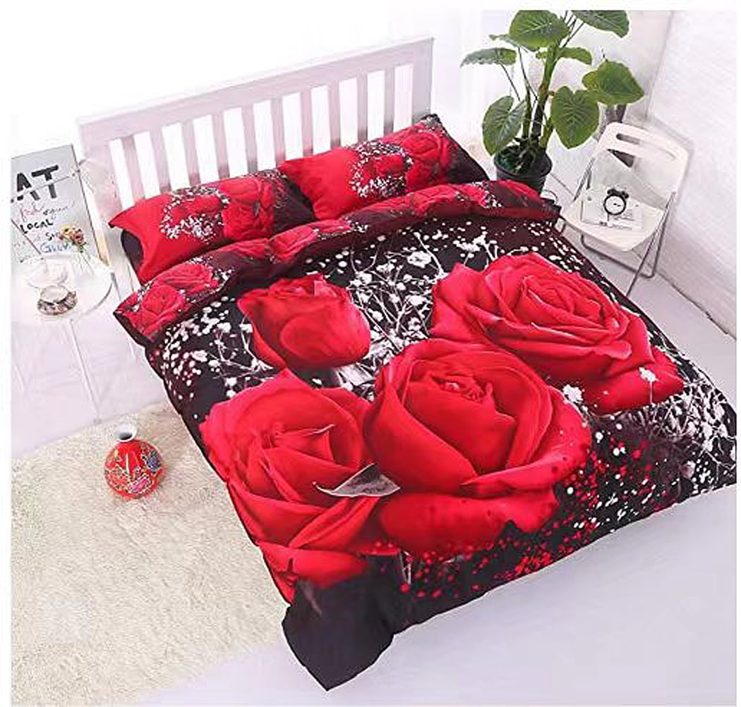 3D Oil Painting Red Rose Bedding Set Queen Size Comforter Bag Duvet Cover Set (3pcs Duvet Cover 200x230cm)