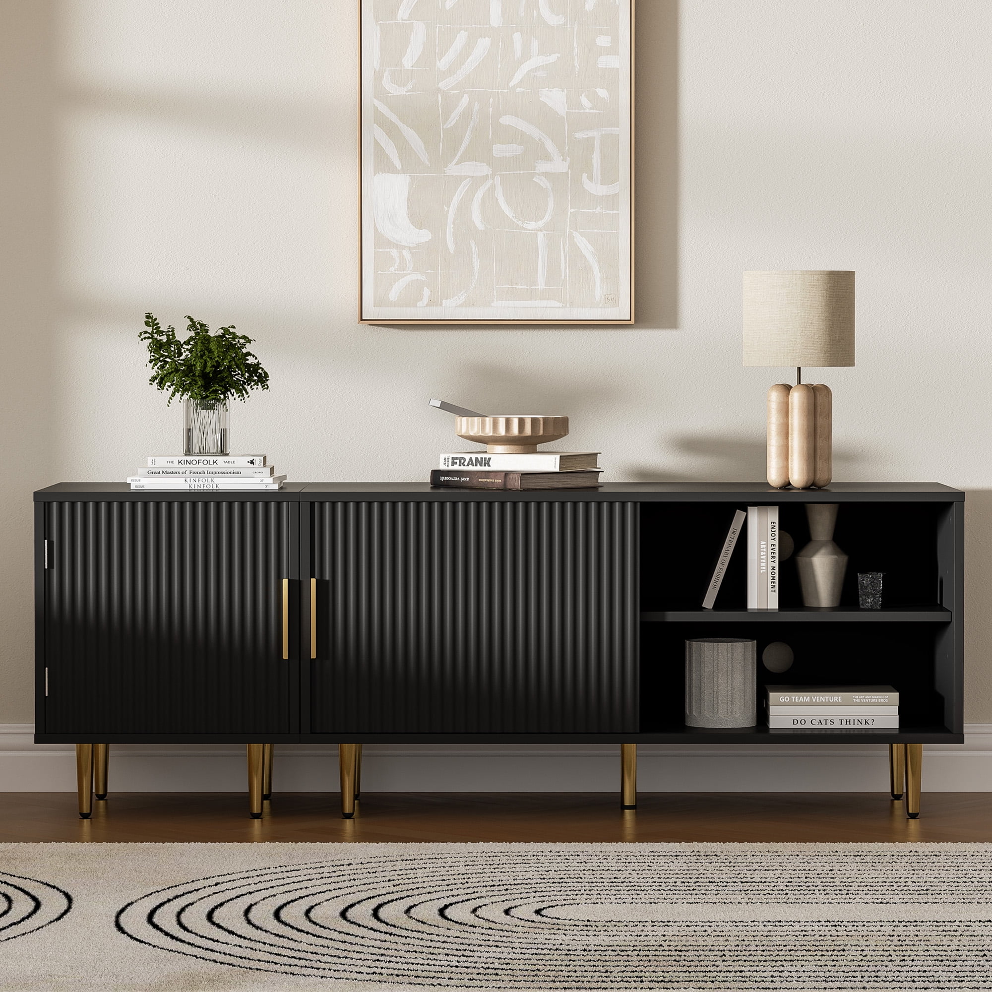 Combined Modern TV Stand For 55/60/65Inch TV,Small Entertainment Center With Adjustable Shelf,TV Media Stand With Storage Cabinet, TV Console With Gold Legs For Living Room,Bedroom,Black