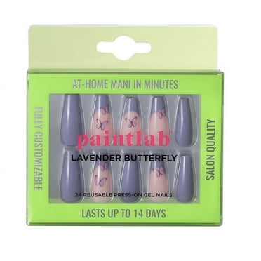 PaintLab Reusable Gel Press on Nails Kit, Coffin Shape, Purple Lavender Butterfly, 30 Count