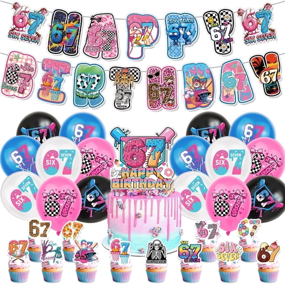 6 7 Theme Cartoon style Birthday Decoration Kits，Party Supplies，Including Banner, Balloons, Cake Toppers, Cupcake Toppers.