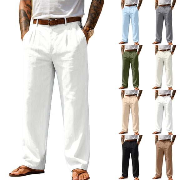 Men's Lightweight Dress Pants Cotton Linen Casual Summer Beach Wedding Trousers Event Slacks Occasion Bottoms, White L