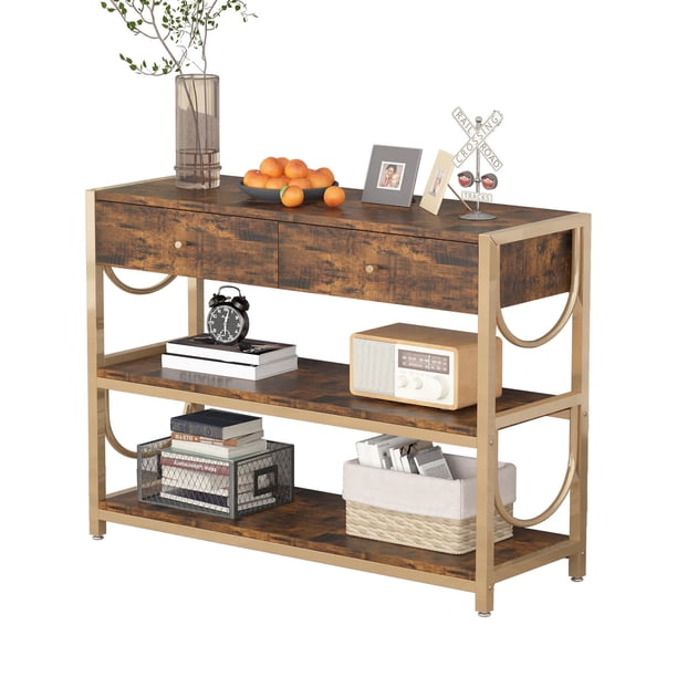 Consola mesa con cajones y 3 niveles almacenamiento estantes - sofa mesa para sala de estar, entrada, behind couch, hallway, foyer, dormitorio, kitchen (rustic brown)
