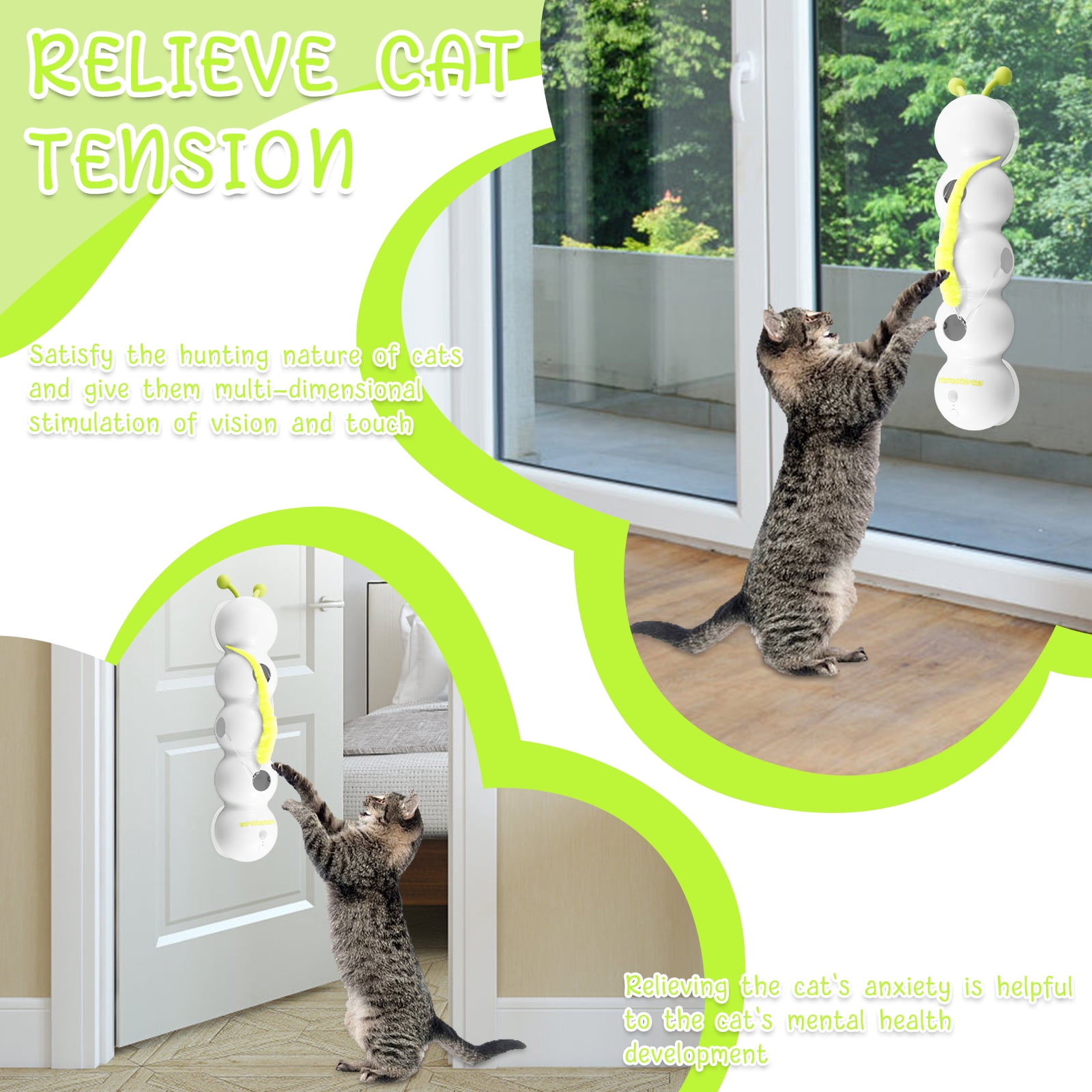 LINFANG Smart Cat Toy with Worm Design Rechargeable Motion Activated Interactive Cat Toy with Suction Cup Wall and Window Mounted for Boredom