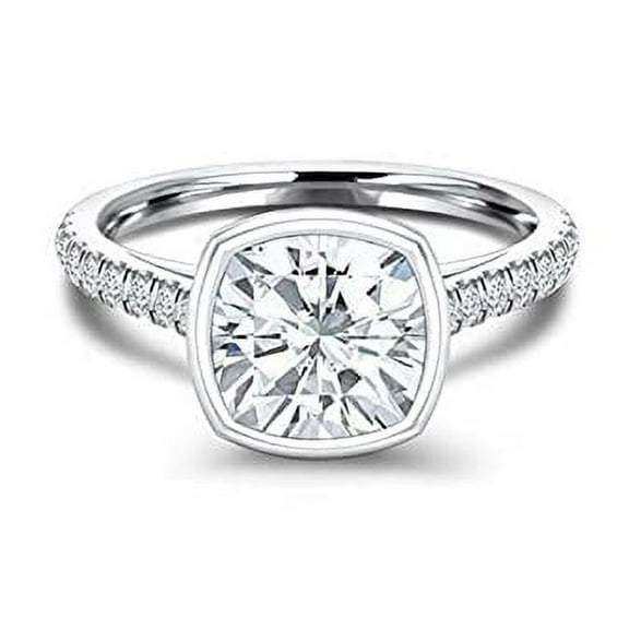 HeartsAndYou Bezel Set Solitaire Engagement Ring for Women 1.8ct Cushion Cut Moissanite 18k White Gold over Silver
