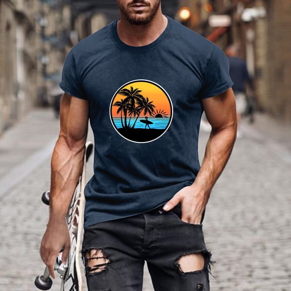 Fnnxeal Mens Big & Tall White Graphic T-Shirt Retro Sunset Palm Tree 100% Cotton Relaxed Fit Streetwear Summer Beach Tee,Size 3XL