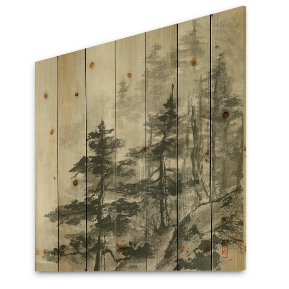 Designart 'Abstract Asian Forest' Cabin & Lodge Print on Natural Pine Wood
