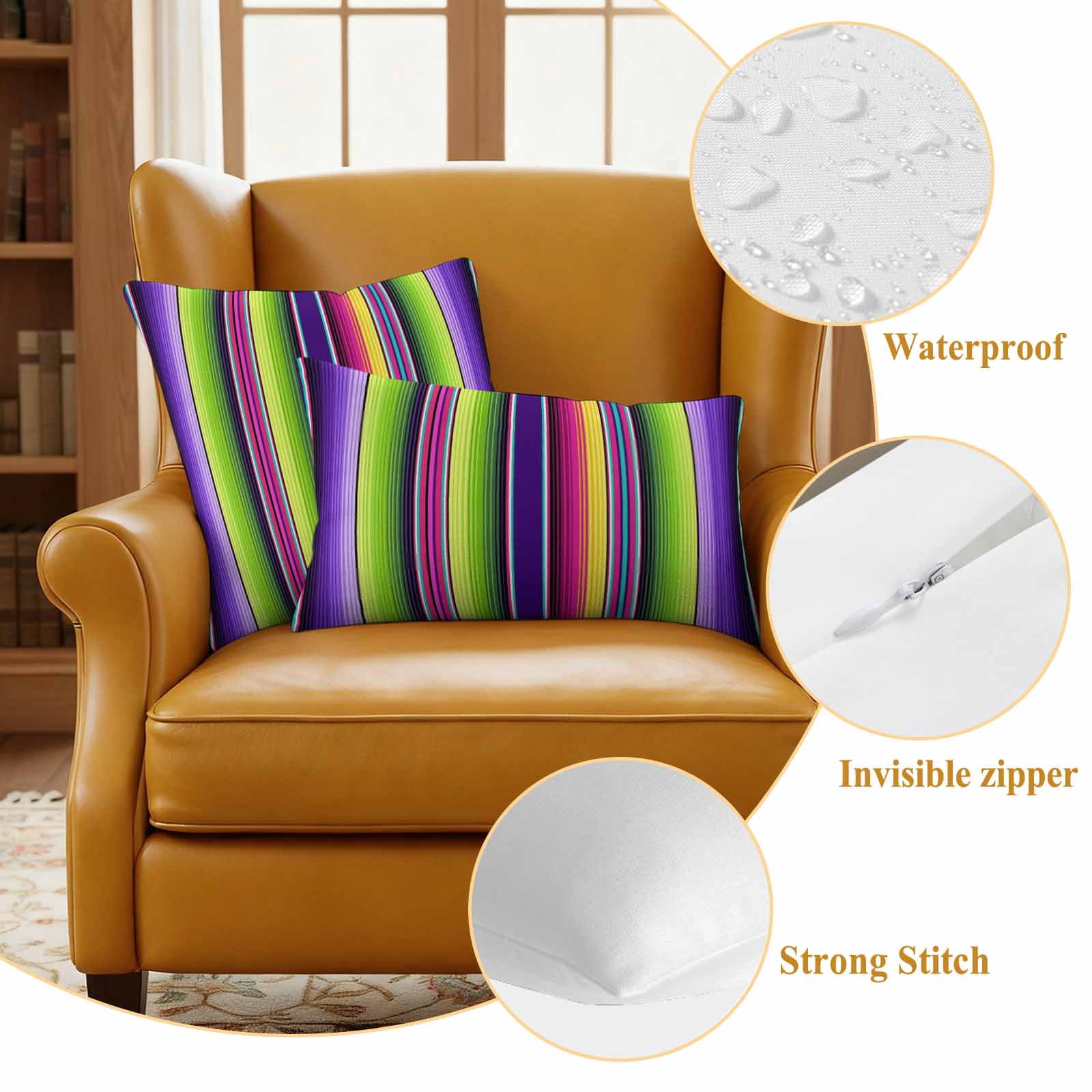 Mexican Style Outdoor Waterproof Throw Pillow Covers 20x20 Set of 2, Colorful Mexico Stripes Purple Green Decorative Pillowcases Cushion Pillowcase for Couch Sofa Patio Outside Pillow Protector