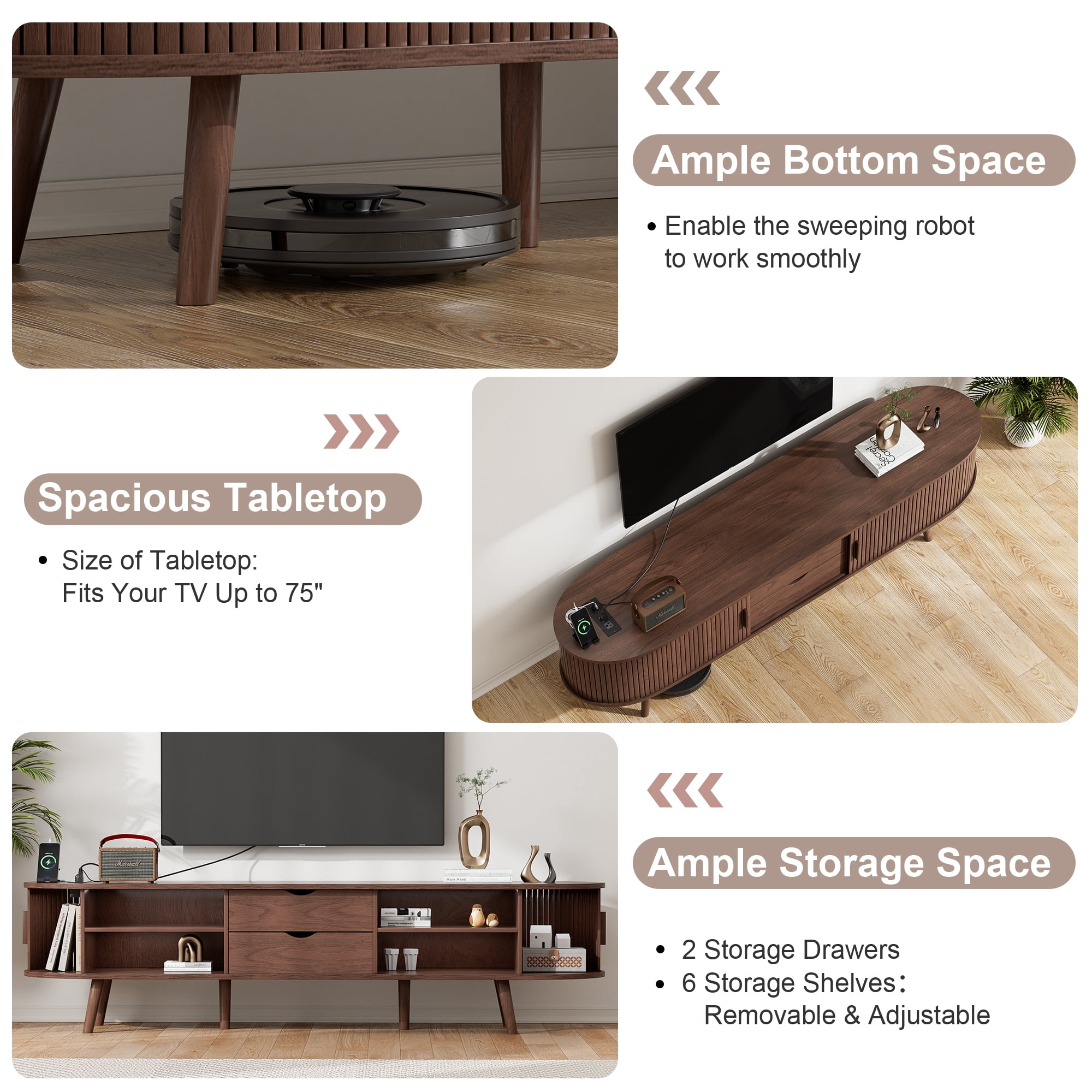 69" TV Stand with Charging Station and Drawers fit 65"- 75" TVs. Mid century Modern TV Stand, Wood Entertainment Center for Living Room and Bedroom, Media Console and Modern TV Console Table ,Walnut