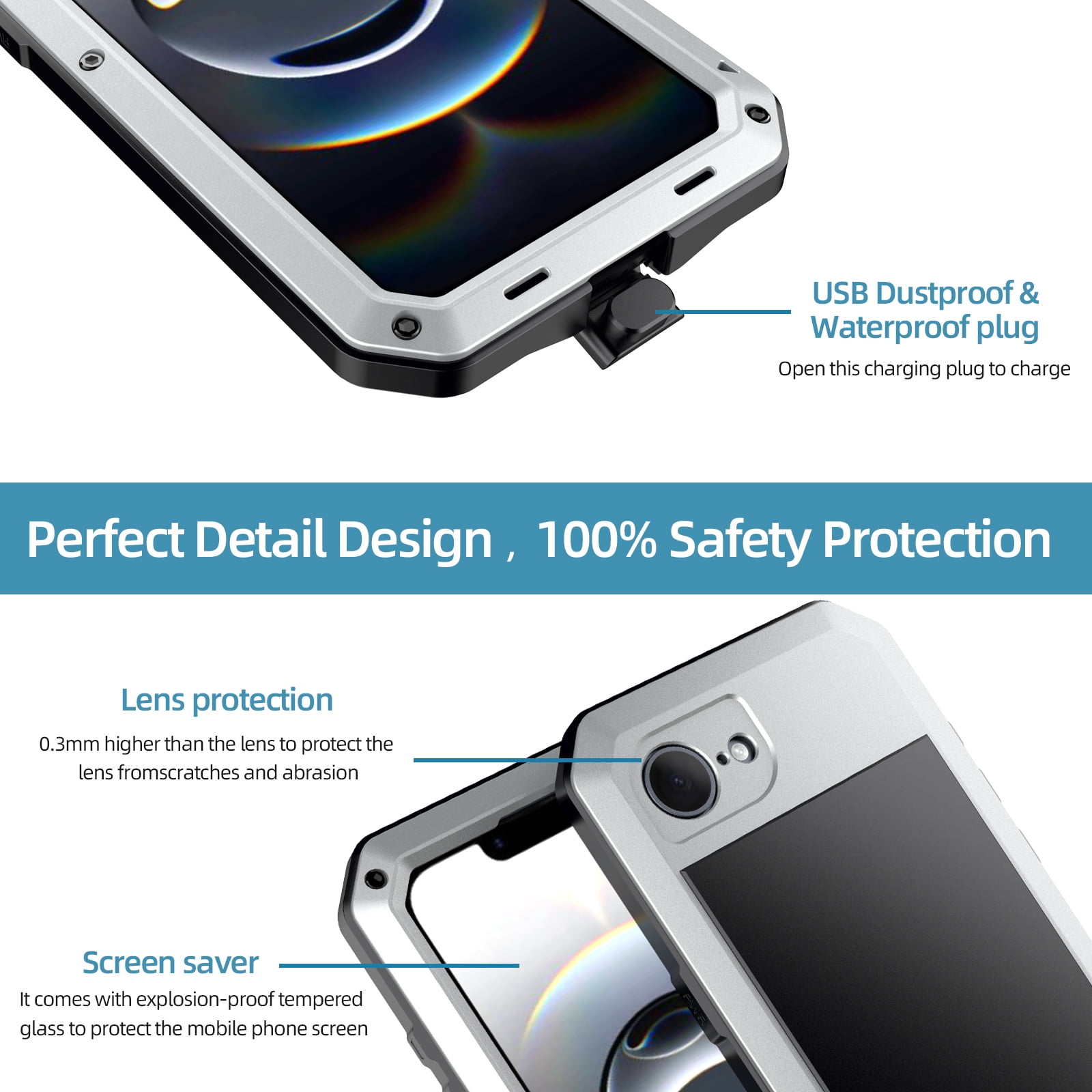 for iPhone 16e Case, 360 Full Body Protective Cover Heavy Duty Shockproof Armor Aluminum Alloy Metal Case with Silicone Built-in Screen Protector for iPhone 16e, Silver